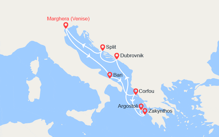 Carte itinéraire croisière Italie, Grèce, Croatie