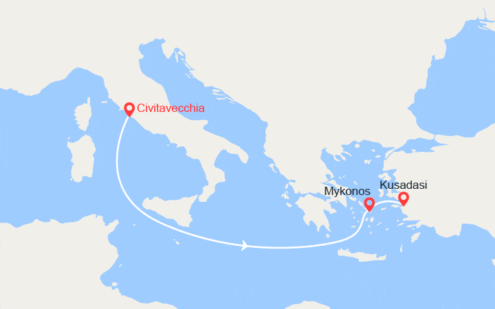 Carte itinéraire croisière Italie, îles Grecques, Turquie