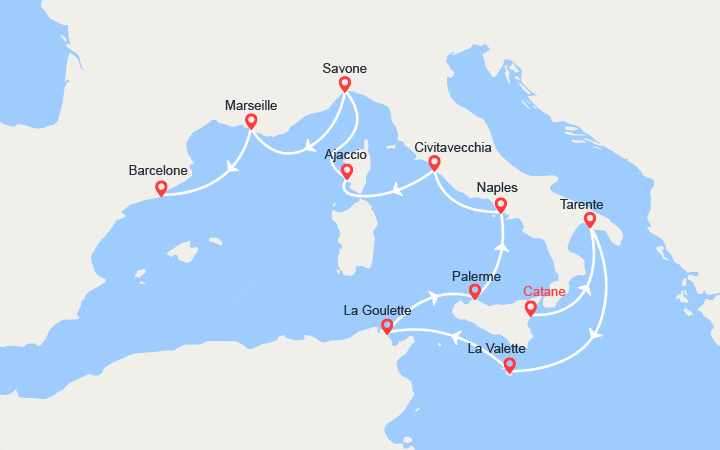 Carte itinéraire croisière Italie, Malte, Corse, France, Espagne