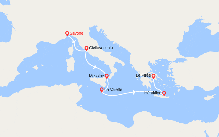 Carte itinéraire croisière Italie, Malte, Grèce