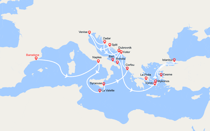 Carte itinéraire croisière Italie, Malte, Grèce, Monténégro, Croatie, Turquie