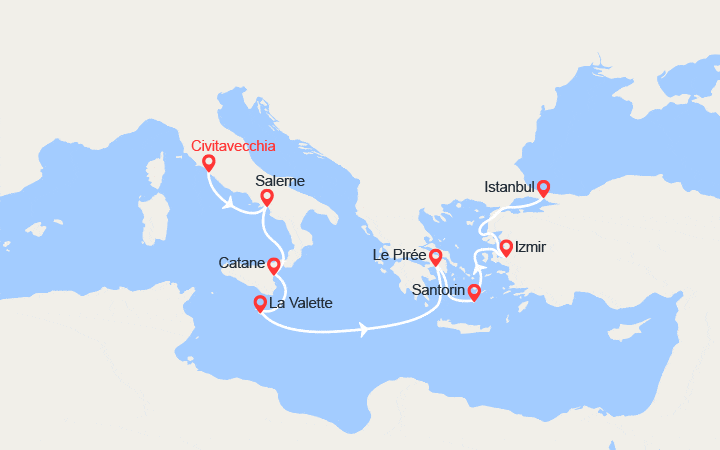 Carte itinéraire croisière Italie, Malte, Grèce, Turquie