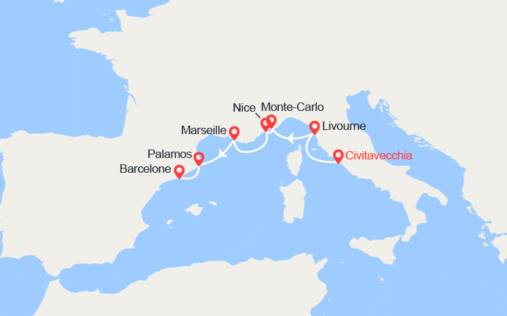 Carte itinéraire croisière Italie, Monaco, France, Espagne