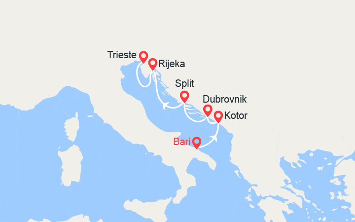 Carte itinéraire croisière Italie, Montenegro, Croatie