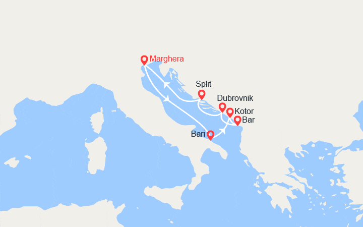 Carte itinéraire croisière Italie, Monténégro, Croatie