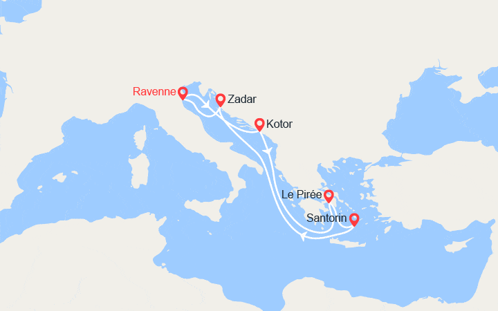 Carte itinéraire croisière Italie, Montenegro, îles Grecques, Croatie