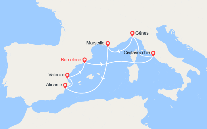 Carte itinéraire croisière Italie, Provence, Espagne