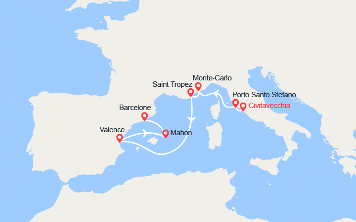 Carte itinéraire croisière Italie, Provence, Espagne, Baléares