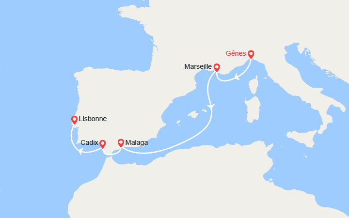 Carte itinéraire croisière Italie, Provence, Espagne, Portugal