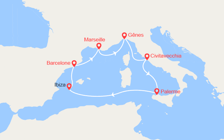 Carte itinéraire croisière Italie, Sicile, Ibiza, Espagne