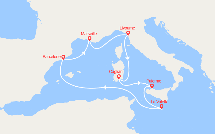 Carte itinéraire croisière Italie, Sicile, Malte, Espagne
