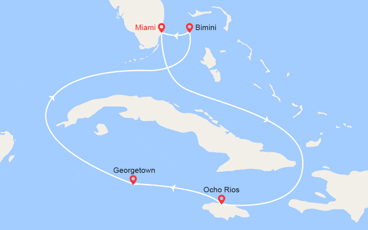 Carte itinéraire croisière Jamaïque, Iles Caïman, Bahamas