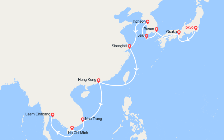Carte itinéraire croisière Japon, Chine, Vietnam, Thaïlande