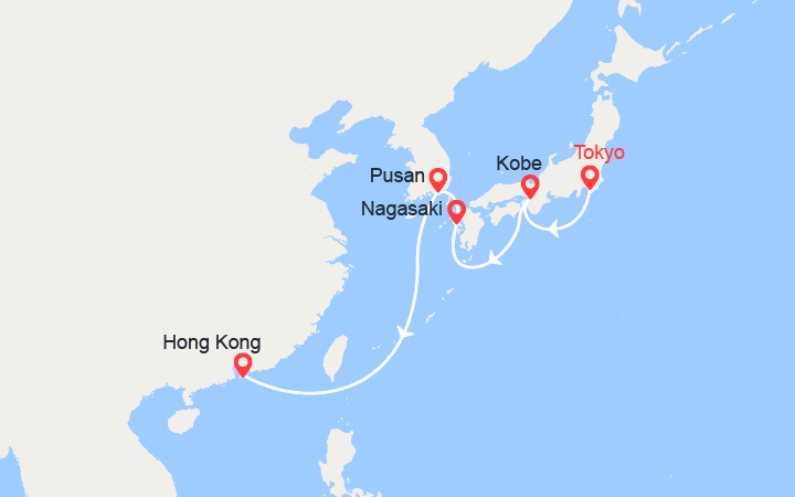 Carte itinéraire croisière Japon, Corée du Sud, Chine