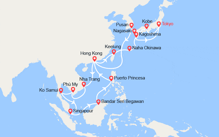 Carte itinéraire croisière Japon, Corée du Sud, Chine, Vietnam, Singapour, Philippines, Taïwan