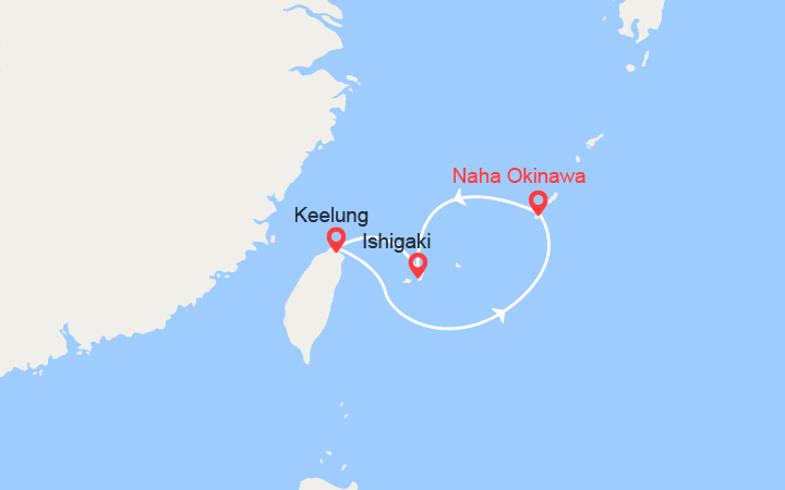 Carte itinéraire croisière Japon, Taïwan : Ishigaki, Keelung, Naha