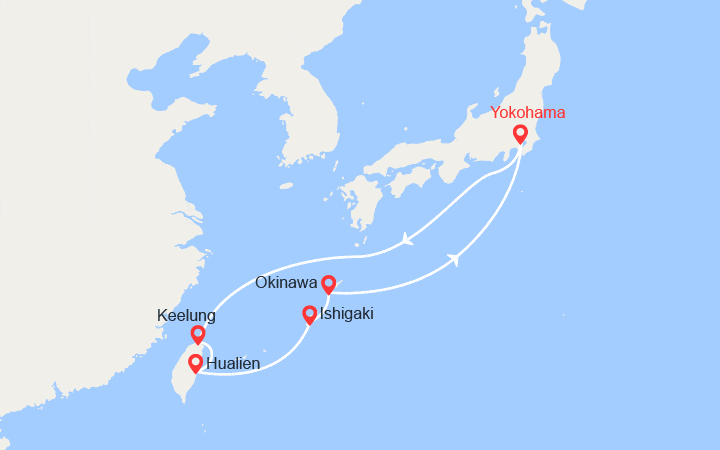 Carte itinéraire croisière Japon & Taiwan: Keelung, Hualien, Ishigaki, Okinawa