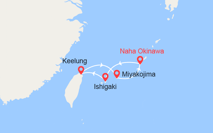 Carte itinéraire croisière Japon, Taïwan : Naha, Ishigaki, Keelung, Miyako