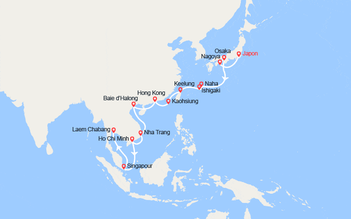 Carte itinéraire croisière Japon, Vietnam, Singapour, Thaïlande