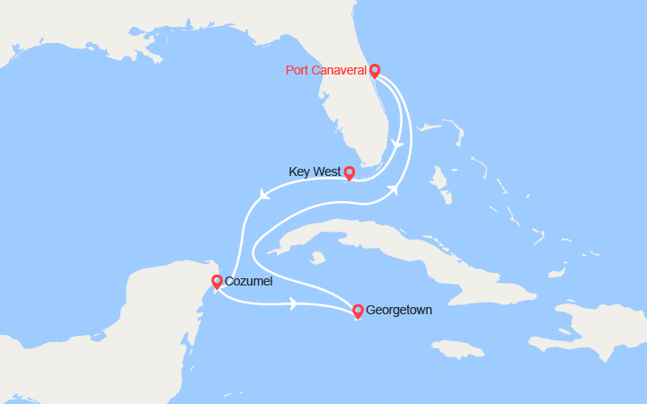 Carte itinéraire croisière Key West, Cozumel, Grand Cayman
