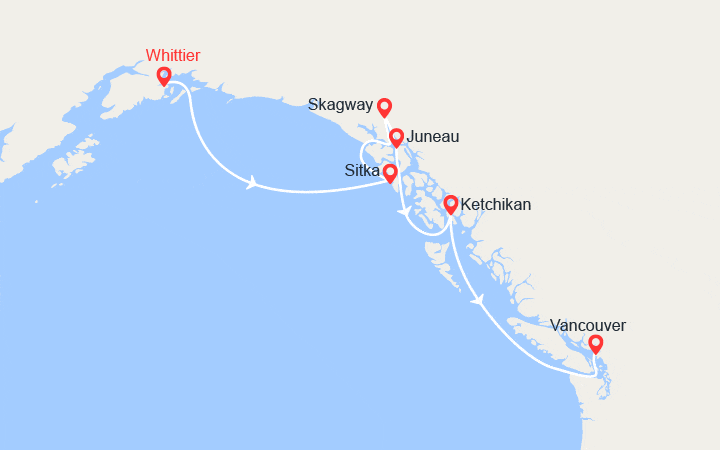 Carte itinéraire croisière L’Alaska : Whittier à Vancouver