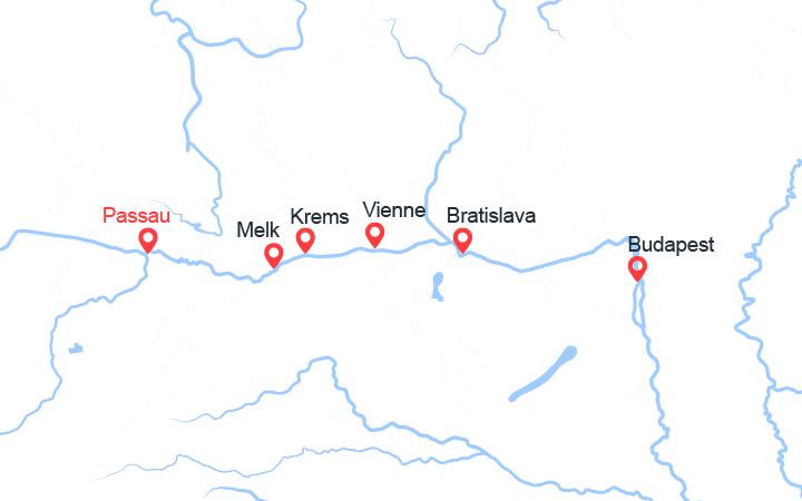 Carte itinéraire croisière L'éclat de Noël : Passau, Vienne, Budapest, Melk