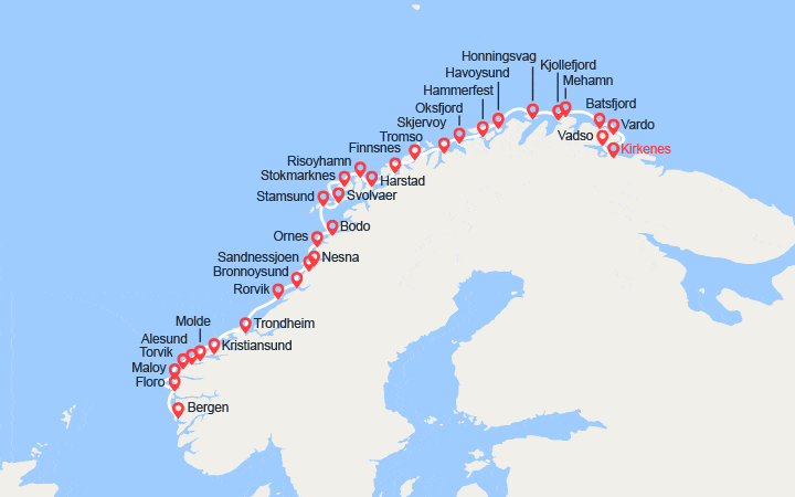 Carte itinéraire croisière L'Express Côtier – du Nord au Sud : de Kirkenes à Bergen
