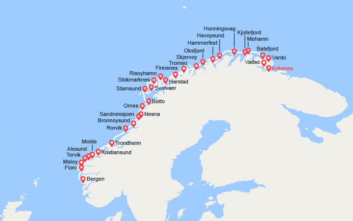 Carte itinéraire croisière L'Express Côtier – du Nord au Sud : de Kirkenes à Bergen