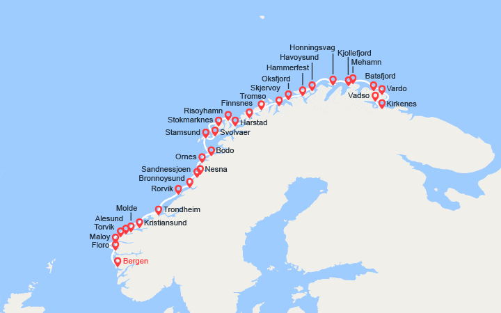 Carte itinéraire croisière L'Express Côtier – du Sud au Nord : de Bergen à Kirkenes