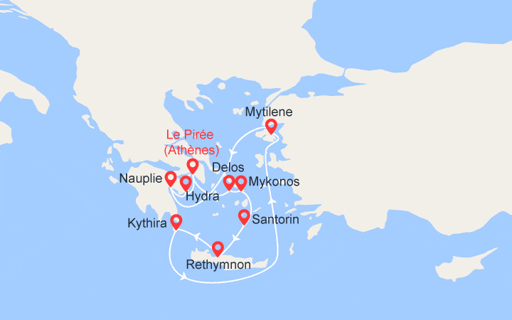 Carte itinéraire croisière La Grèce classique : Mykonos, Santorin, Crète, Cythère, Nauplie…