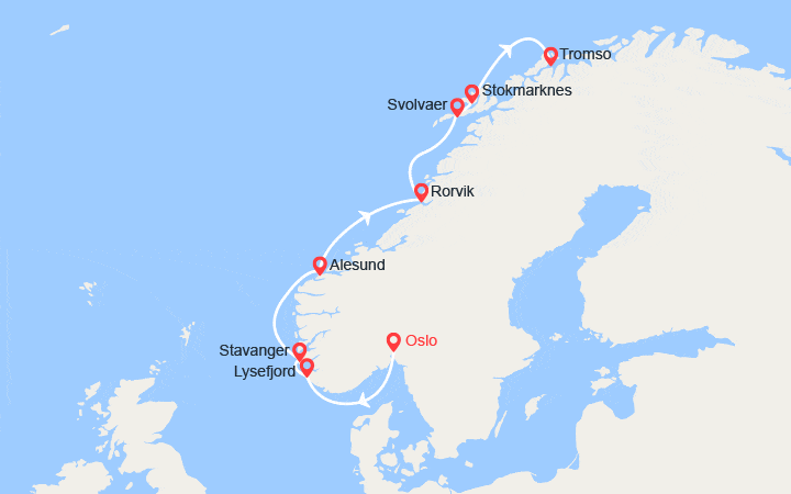 Carte itinéraire croisière La Ligne du Cap Nord du Sud au Nord