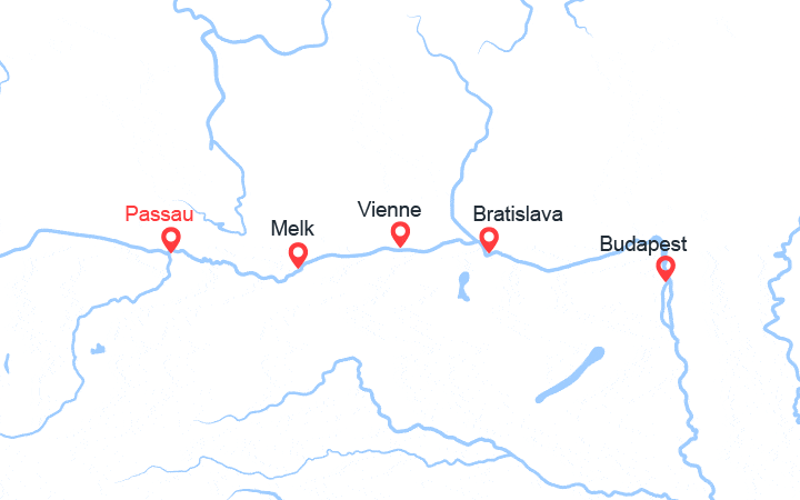 Carte itinéraire croisière Le Danube: de Passau à Bratislava