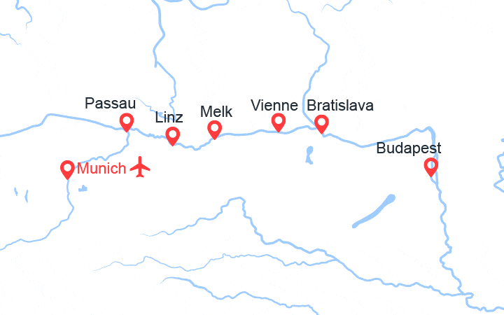 Carte itinéraire croisière Le Danube musical, de Passau à Budapest