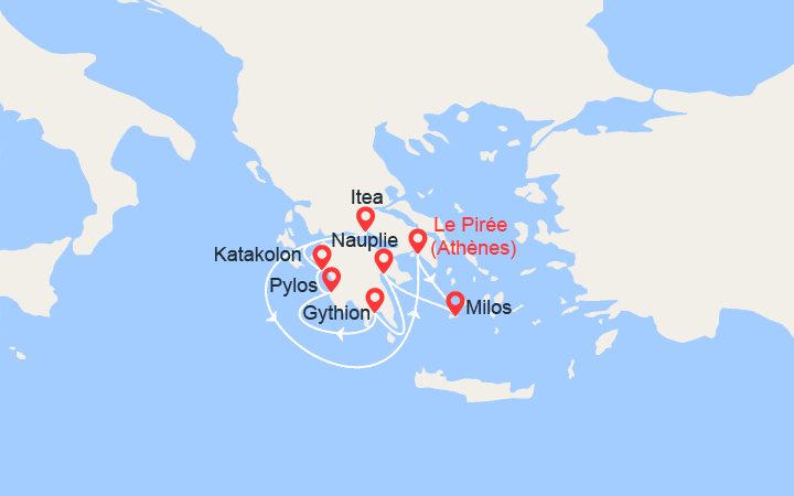 Carte itinéraire croisière Le Grèce antique autour de la Péloponnèse