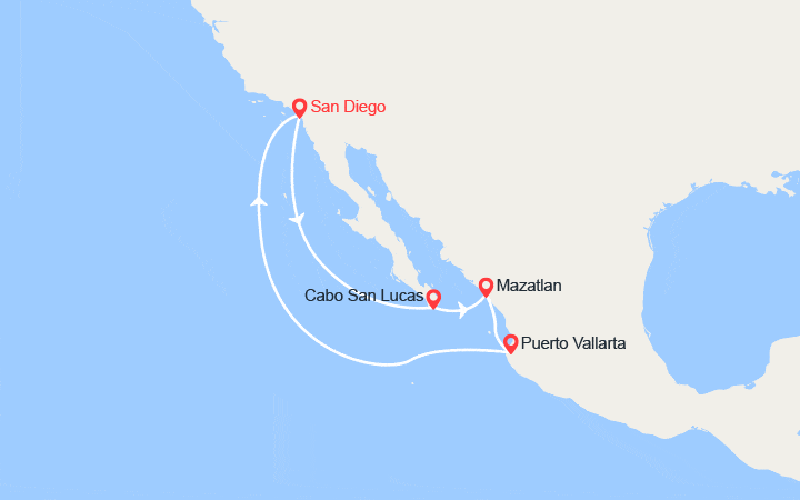 Carte itinéraire croisière Le Mexique depuis San Diego