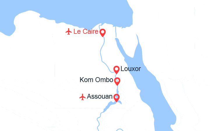 Carte itinéraire croisière Le Nil mythique en Dahabieh : Le Caire, Louxor, Assouan