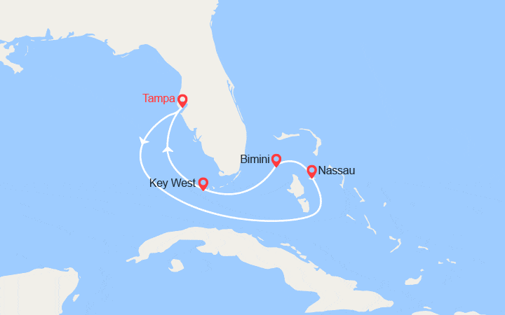 Carte itinéraire croisière Les Bahamas : Bimini, Nassau