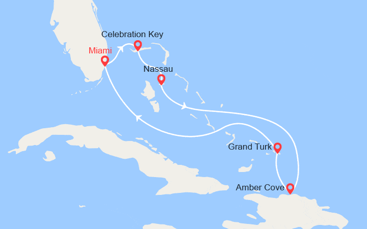 Carte itinéraire croisière Les Bahamas : Celebration Key et Nassau, Rép. Dominicaine, Grand Turk