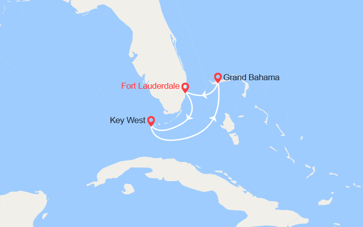 Carte itinéraire croisière Les Bahamas : Key West, Grand Bahamas..
