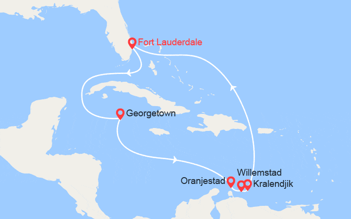 Carte itinéraire croisière Les Caraïbes : Grand Cayman, Aruba, Curacao, Bonaire