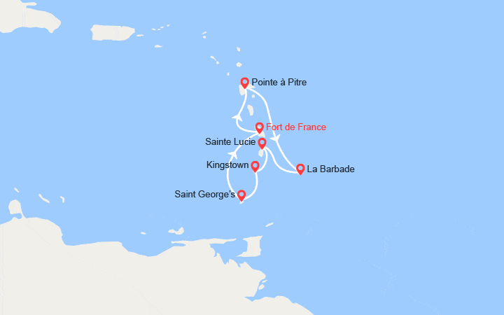 Carte itinéraire croisière Les Caraïbes : Martinique, Guadeloupe, Ste Lucie..