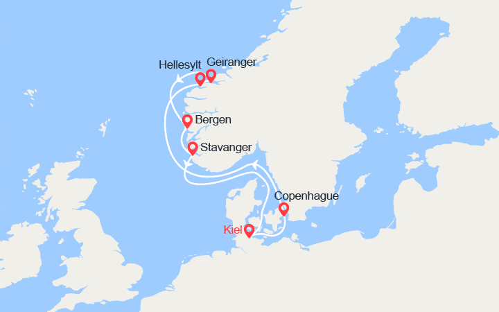 Carte itinéraire croisière Les Fjords Norvègiens