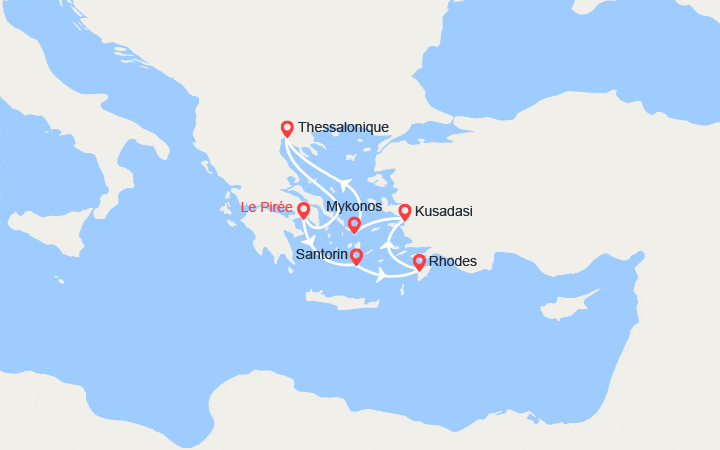 Carte itinéraire croisière Les îles grecques : Santorin, Rhodes, Mykonos...
