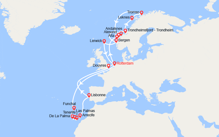 Carte itinéraire croisière Madère, îles Canaries, Royaume-Uni, Pays Bas, Norvège, îles Shetland