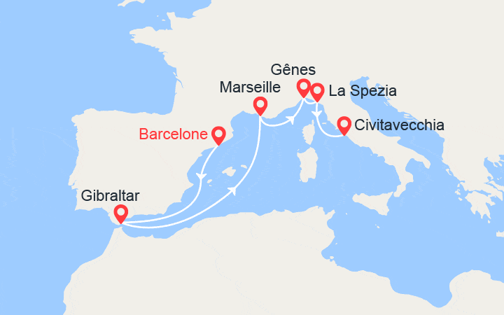 Carte itinéraire croisière Majorque, Provence, Corse, Italie
