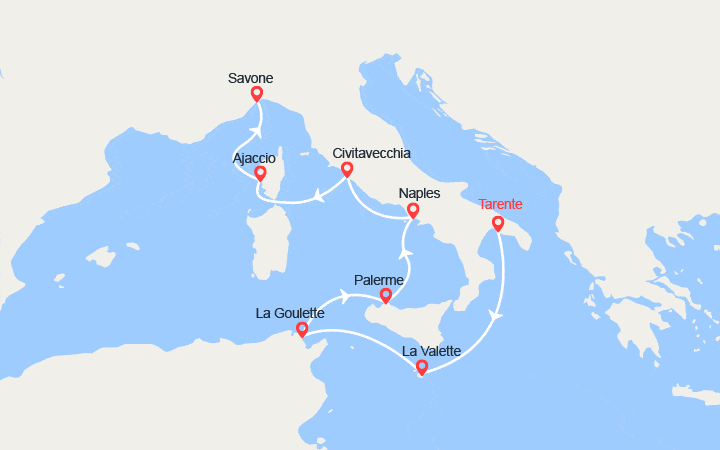 Carte itinéraire croisière Malte, Italie, Corse