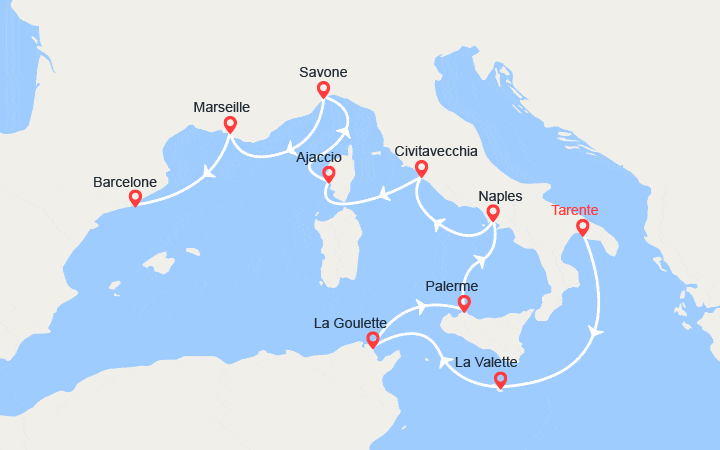 Carte itinéraire croisière Malte, Italie, Corse, France, Espagne