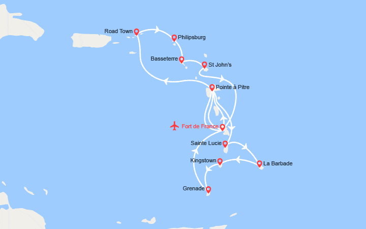 Carte itinéraire croisière Martinique, Guadeloupe, Barbades, Grenadines, Ste Lucie, St Martin... - Vols inclus