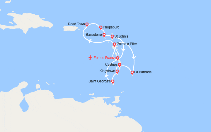 Carte itinéraire croisière Martinique, Guadeloupe, îles Vierges britanniques, Barbades, Ste Lucie... - Vols inclus