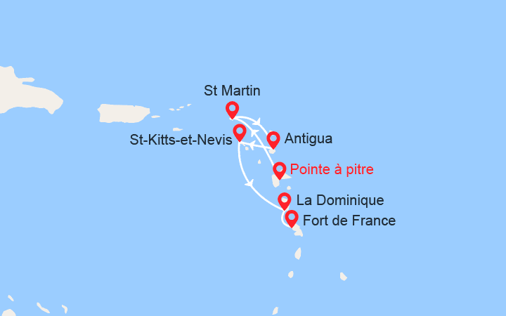 Carte itinéraire croisière Martinique, Guadeloupe, St Martin, Antigua, St Kitts, Dominique